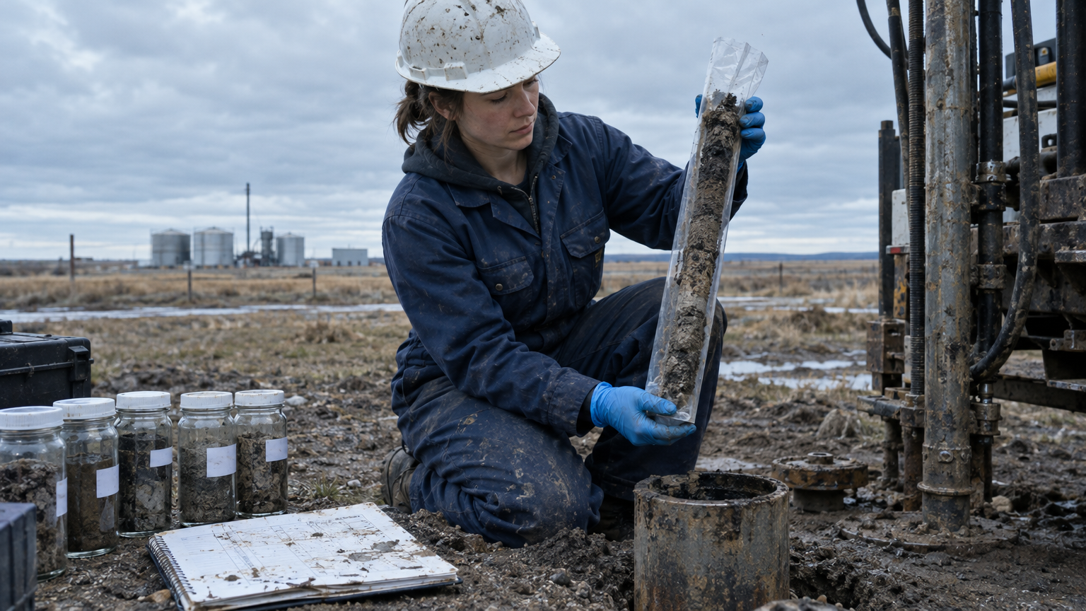 Field technician extracting a soil core during a site investigation, with sample jars and logging sheet laid out on the ground.