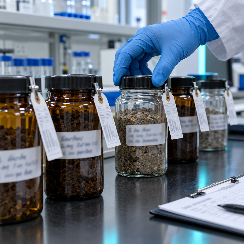 Labelled soil sample jars from a site investigation, each tagged with a sample ID, arranged beside a chain-of-custody form.